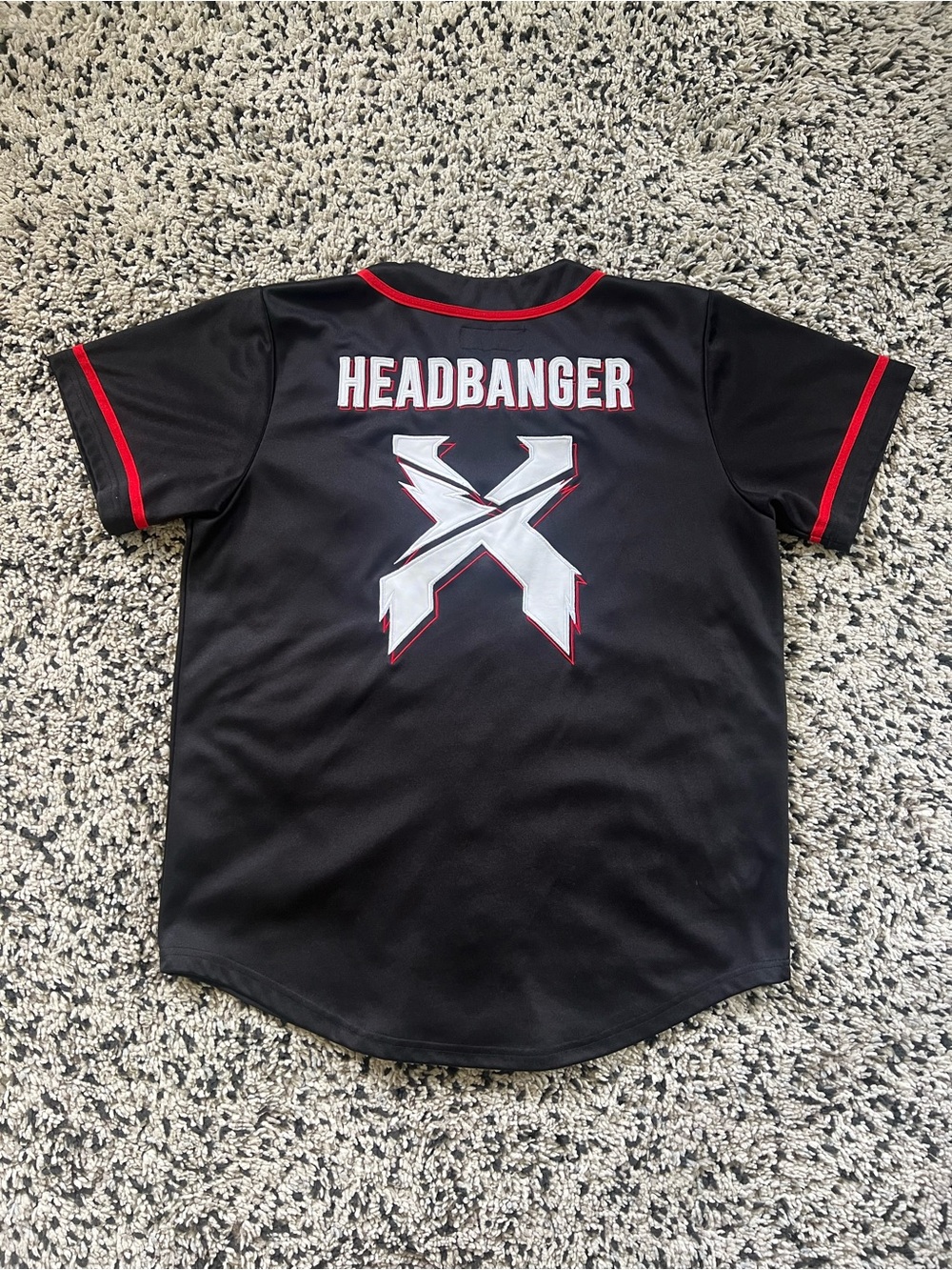 Excision Headbanger Baseball Jersey Black Red Trim Men’s Medium *Missing button*